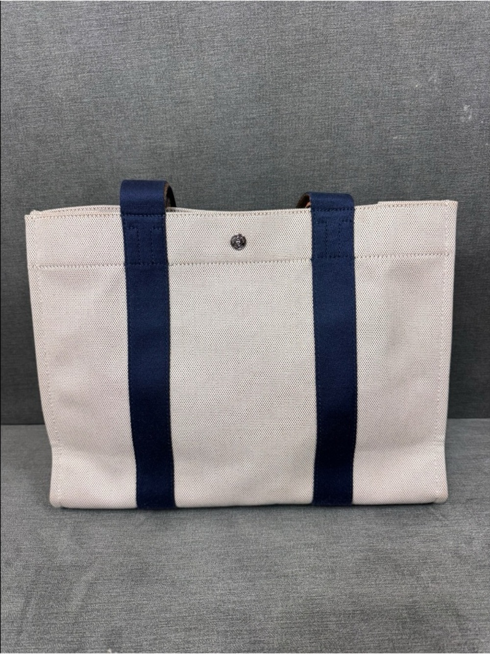 Tory Burch Tory Tote Bag Canvas Navy Stripes Leather Handles - Picture 11 of 16
